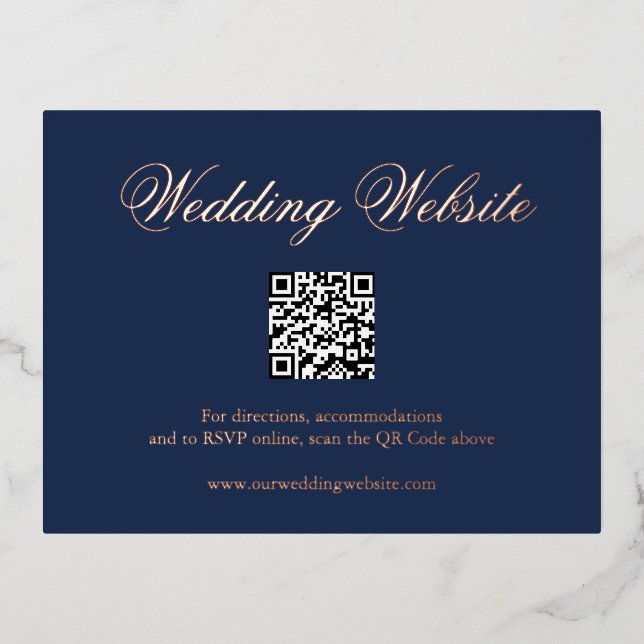 Traditional Navy Blue QR Code Wedding Enclosure Foil Invitation Postcard (Front)