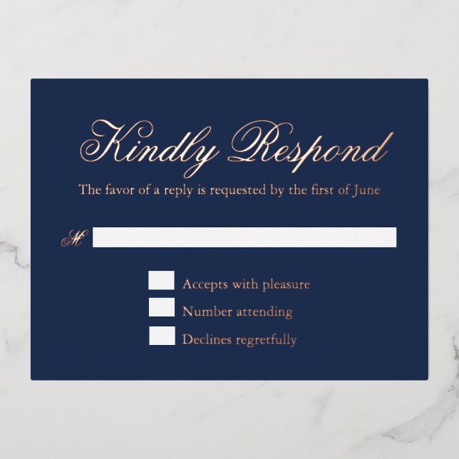 Traditional Navy Blue Wedding Foil RSVP Card (Front)
