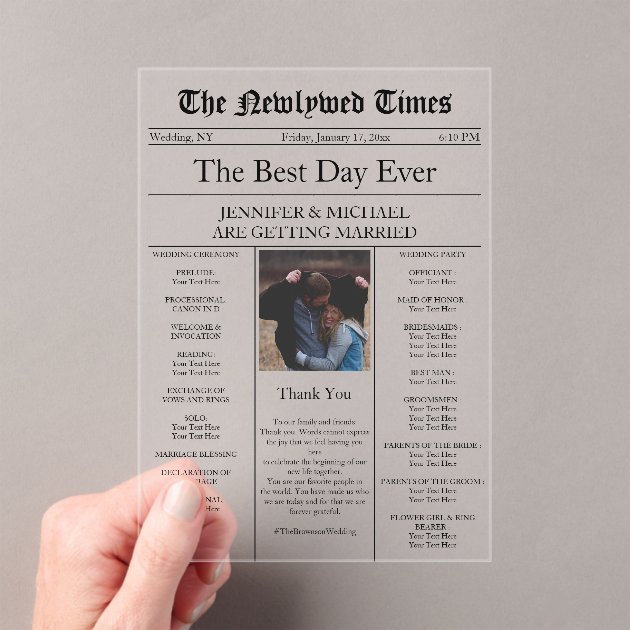Traditional Newspaper Vintage wedding Acrylic Invitations