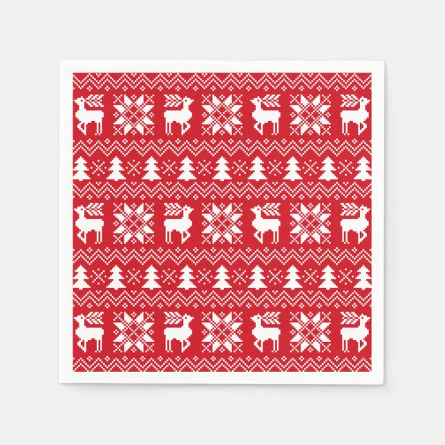 Traditional Nordic Christmas Sweater Red Pattern Paper Napkins (Front)