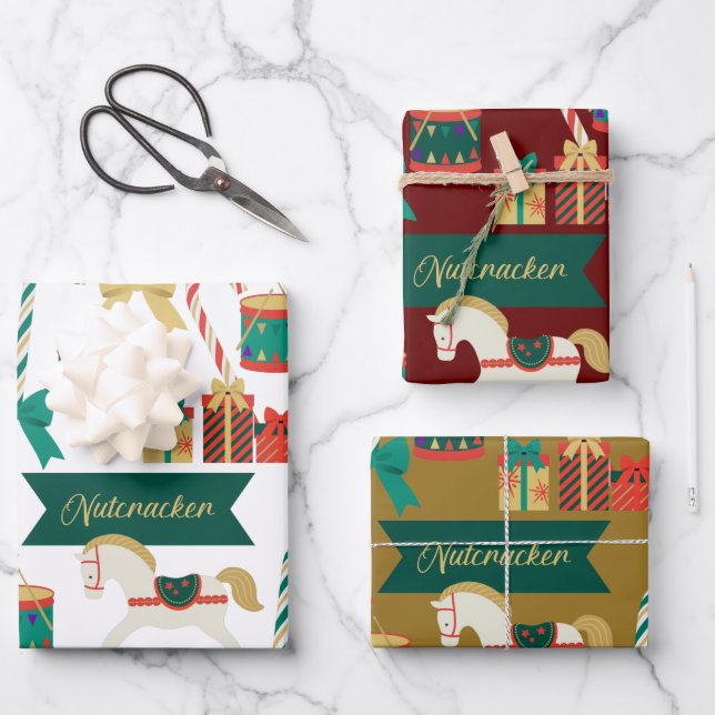 Traditional Nutcracker Santa Toys Wrapping Paper Sheets (Front)