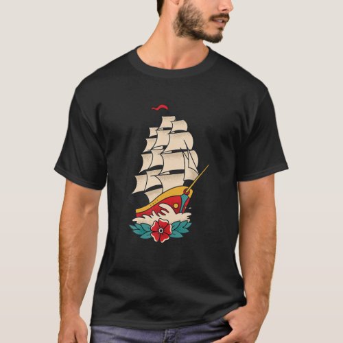 Traditional Old School Tattoo Style Sailing Ship D T_Shirt