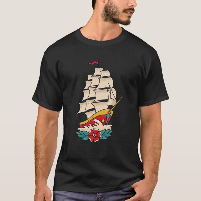 Traditional Old School Tattoo Style Sailing Ship D T-Shirt (Front)