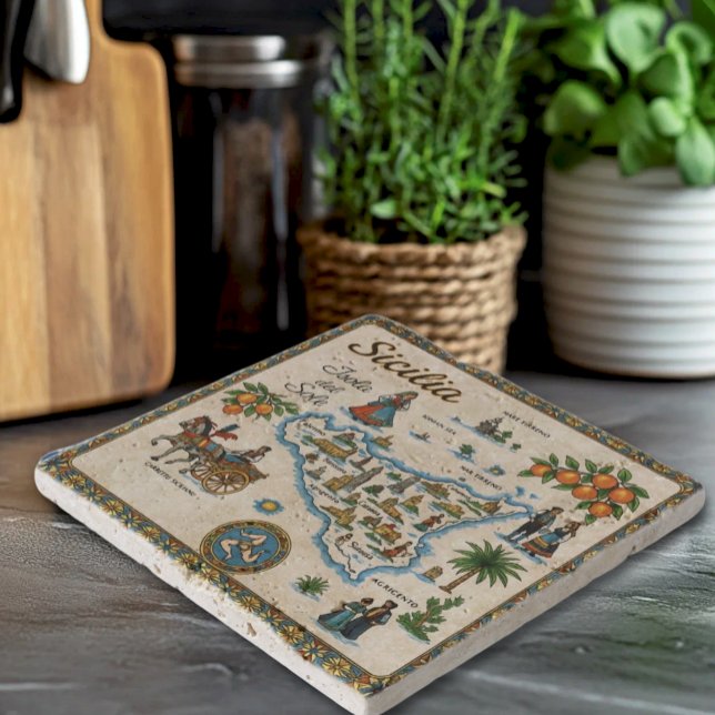 Traditional Old World Map of Sicily Trivet (Traditional Old World Map of Sicily Kitchen Trivet - Sicilian heritage housewarming gift)