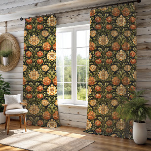 Traditional Orange and Green Floral Blackout Curtains