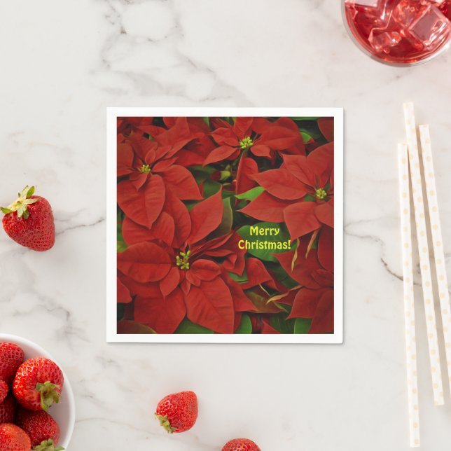 Traditional Painted Red Poinsettia Christmas Napkins (Insitu)