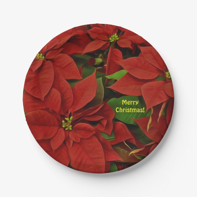 Traditional Painted Red Poinsettia Christmas Paper Plates (Front)