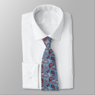 Traditional Paisley Linocut Red White Blue Neck Tie