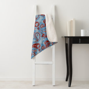 Traditional Paisley Linocut Red White Blue Sherpa Blanket