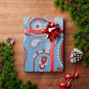 Traditional Paisley Linocut Red White Blue Wrapping Paper
