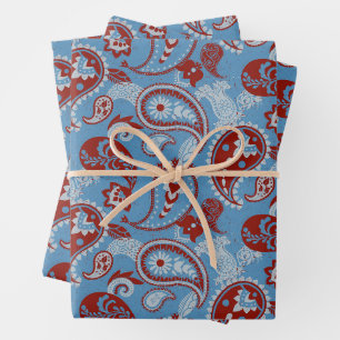 Traditional Paisley Linocut Red White Blue Wrapping Paper Sheets