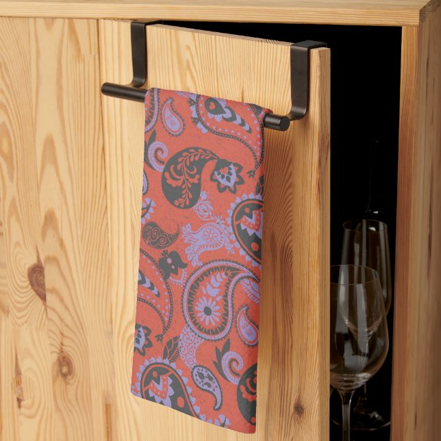 Traditional Paisley Linocut Vivid Orange Purple Kitchen Towel (Thirds Fold)