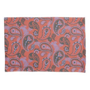 Traditional Paisley Linocut Vivid Orange Purple Pillow Case