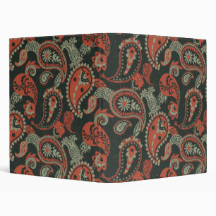 Traditional Paisley Linocut Warm Orange Mint Green 3 Ring Binder