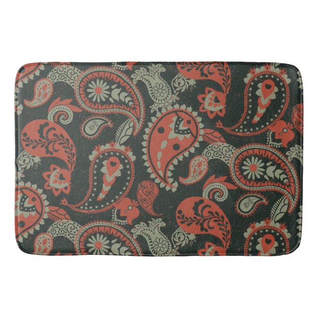 Traditional Paisley Linocut Warm Orange Mint Green Bath Mat (Front)