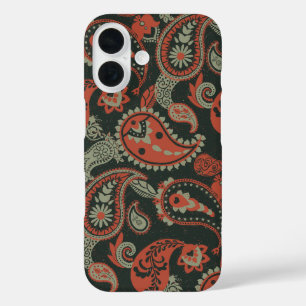 Traditional Paisley Linocut Warm Orange Mint Green iPhone 16 Case