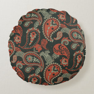 Traditional Paisley Linocut Warm Orange Mint Green Round Pillow