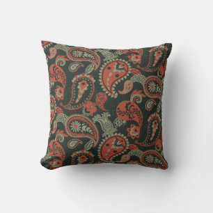 Traditional Paisley Linocut Warm Orange Mint Green Throw Pillow