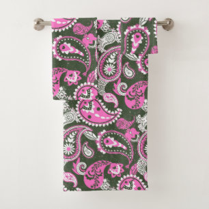 Traditional Paisley Linocut Warm Pink Deep Green Bath Towel Set
