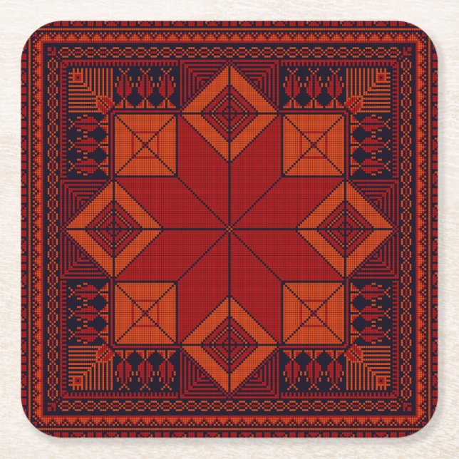 traditional Palestine Embroidery Tatreez Pattern  Square Paper Coaster (Front)
