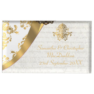 Traditional parchment white gold damask wedding table number holder