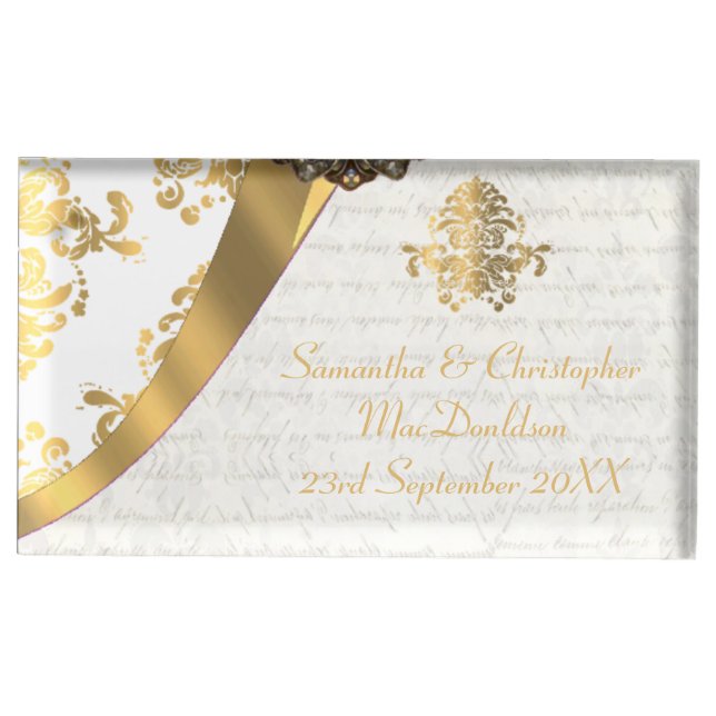 Traditional parchment white gold damask wedding table number holder (Front)