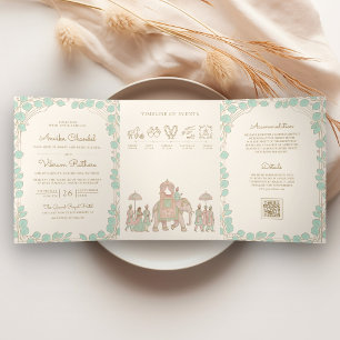 Traditional Pastel Elephant Baraat Indian Wedding Tri-Fold Invitation