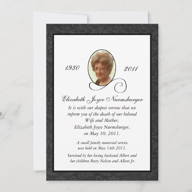 Traditional Photo Death Announcement Card (Front)