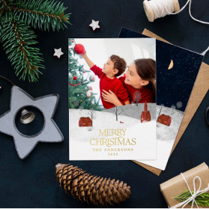 Traditional photo elegant rustic winter snow chic foil holiday card