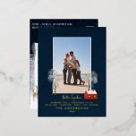 Traditional photo elegant rustic winter snow chic foil holiday postcard<br><div class="desc">Traditional photo elegant rustic winter snow scene Christmas holiday card. Beautiful,  classy elegant real gold,  silver and rose gold typography design.</div>