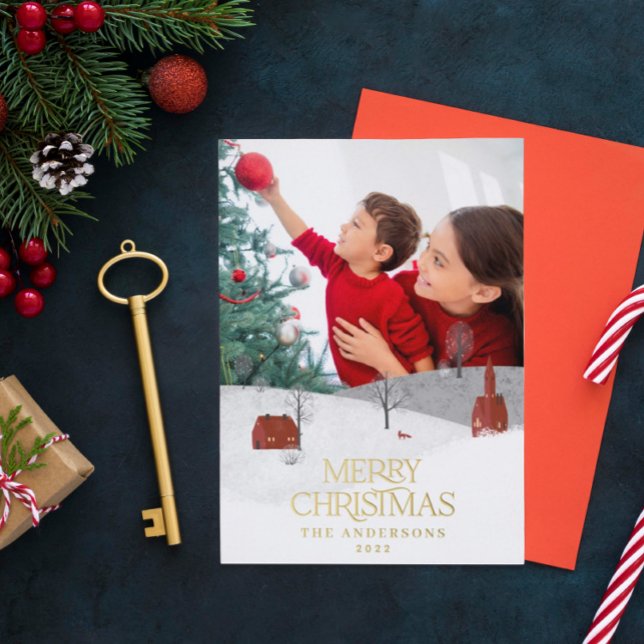 Traditional photo elegant rustic winter snow chic  foil holiday postcard (Creator Uploaded)