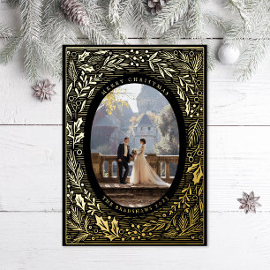 Traditional Pine and Holly Black Foil Holiday Card