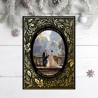 Traditional Pine and Holly Black Foil Holiday Card