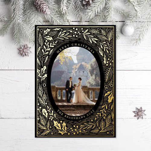 Traditional Pine and Holly Black Foil Holiday Card