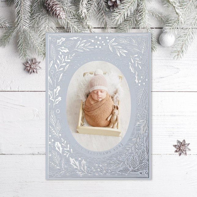 Traditional Pine and Holly Ice Blue Foil Holiday Card (Creator Uploaded)