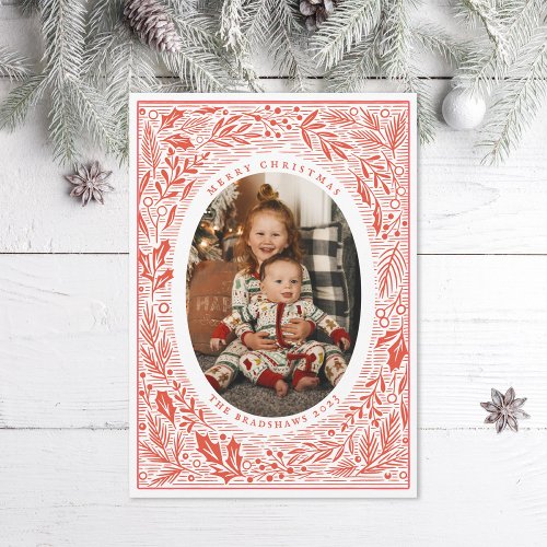 Traditional Pine and Holly Linocut Style Photo Holiday Card