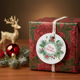 Traditional Pine Wreath Family Merry Christmas Favor Tags