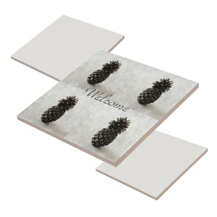 Traditional Pineapples Welcome Gray Ceramic Tile