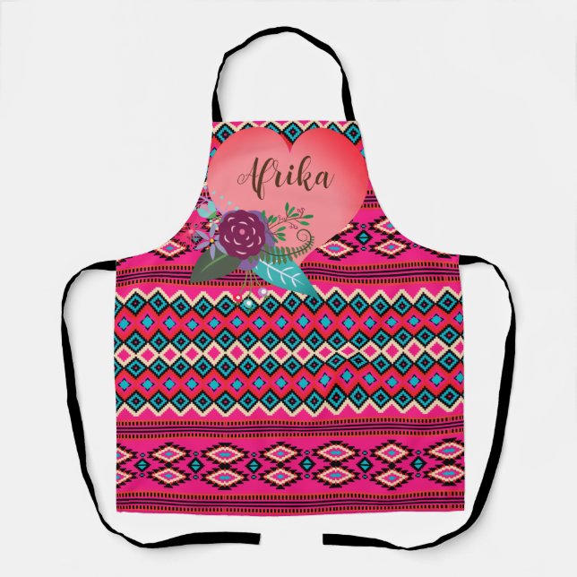 Traditional pink a teal Zulu Folk Pattern Apron (Front)