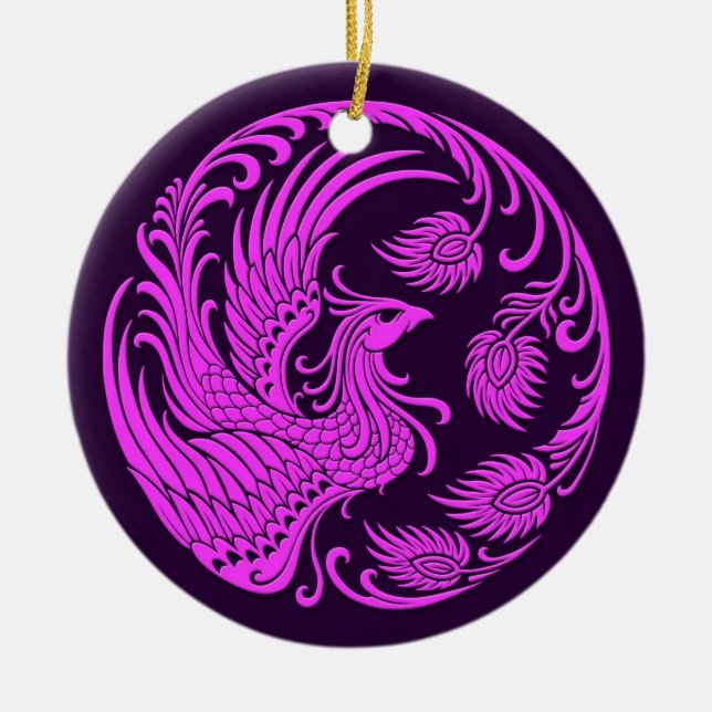 Traditional Pink and Purple Phoenix Circle Ceramic Ornament (Front)