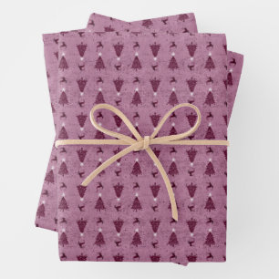 Traditional Pink Christmas Trees & Reindeer Wrapping Paper Sheets