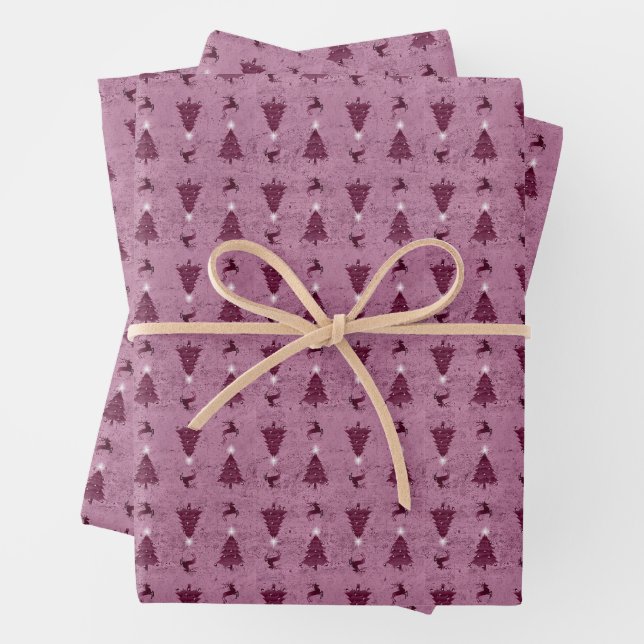 Traditional Pink Christmas Trees & Reindeer Wrapping Paper Sheets (In situ)