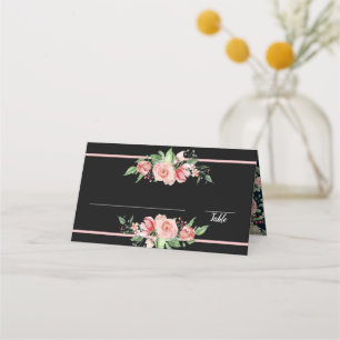 Traditional Pink Roses   Black   Floral Design Place Card