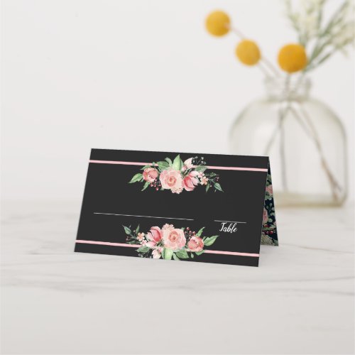 Traditional Pink Roses  Black  Floral Design Place Card