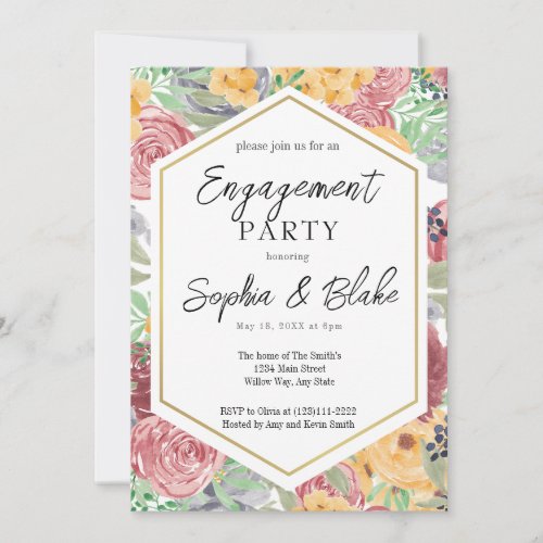 Traditional Pink  Yellow Floral Engagement Party  Invitation