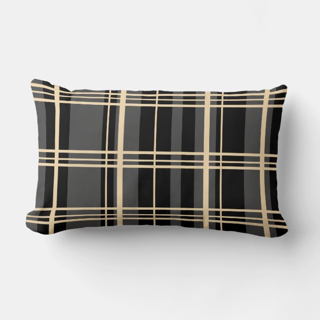 Traditional Plaid Black, Butter Cream, Dark Grey . Lumbar Pillow (Front)