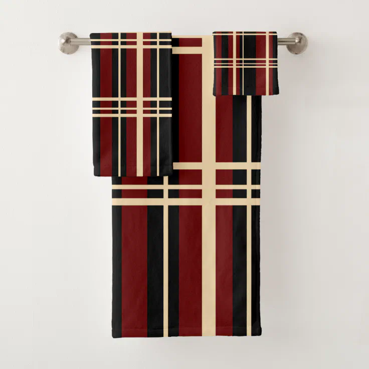 Traditional Plaid Black, Butter Cream, Dark Red Bath Towel Set Zazzle