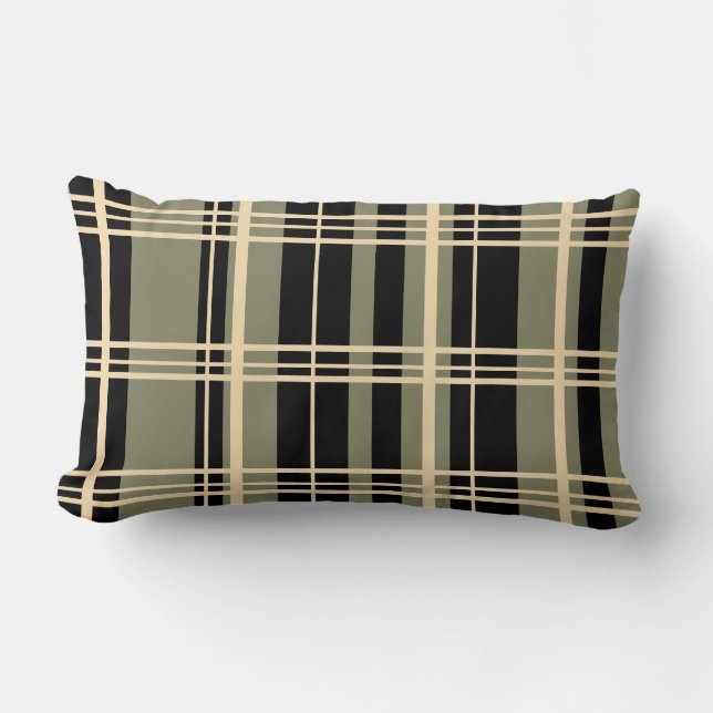 Traditional Plaid Black, Butter Cream, Sage Green  Lumbar Pillow (Front)