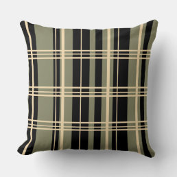 Traditional Plaid Black, Butter Cream, Sage Green Throw Pillow
