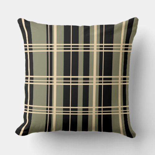 Traditional Plaid Black Butter Cream Sage Green Throw Pillow